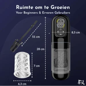Afmetingen Automatische Masturbator Max 28 cm hoog, 8,5 cm breed, flexibele sleeve van 7 cm