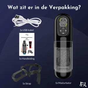 Inhoud verpakking Automatische Masturbator Max USB-kabel, handleiding, strap en masturbator